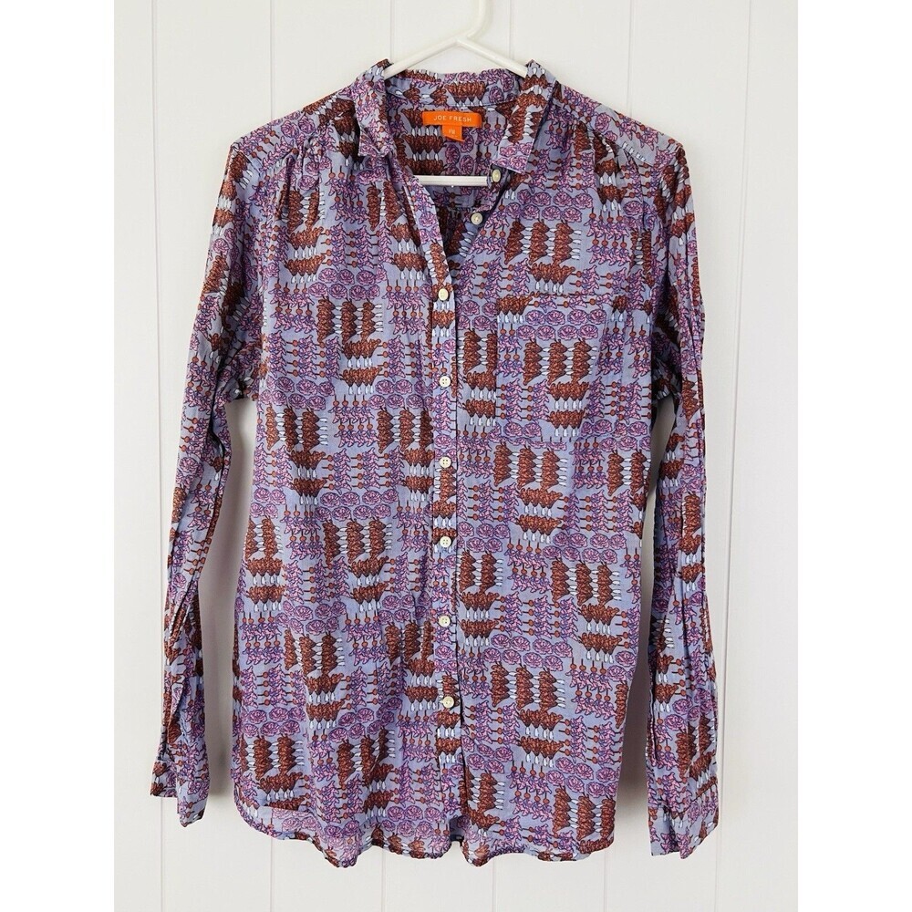 Joe Fresh Purple Geometric Print Long Sleeve Cotton Lightweight Blouse Large